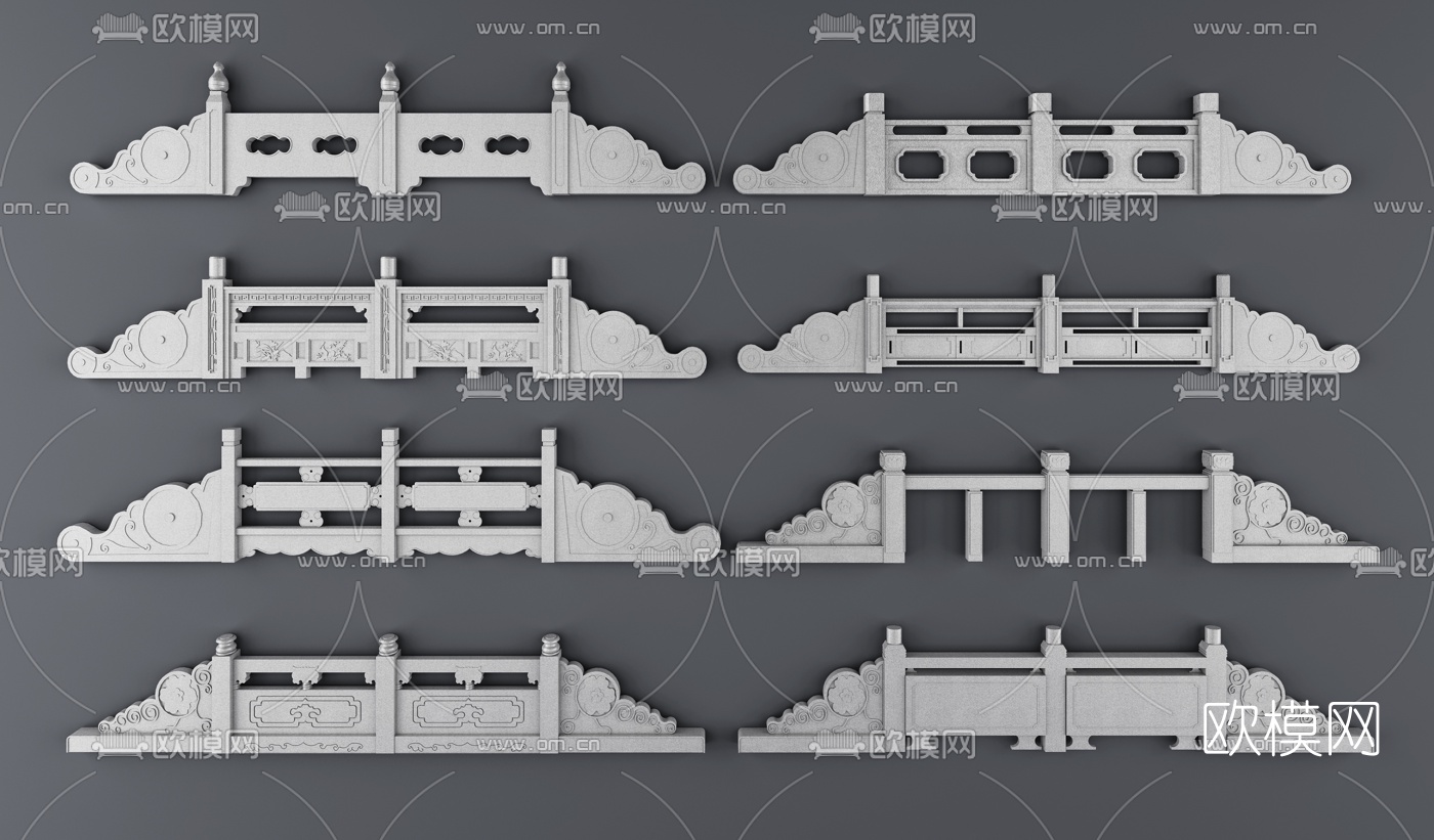 新中式户外石柱栏杆3d模型