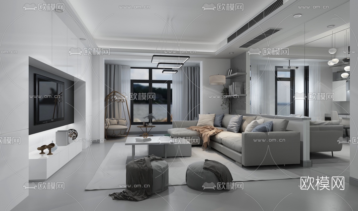 现代极简客厅餐厅3d模型