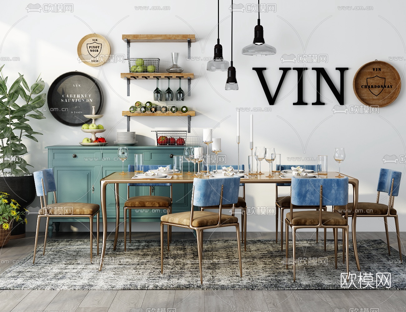 工业风餐桌椅组合3D模型下载