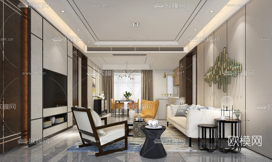 现代客厅餐厅3D模型下载(渲染图1)