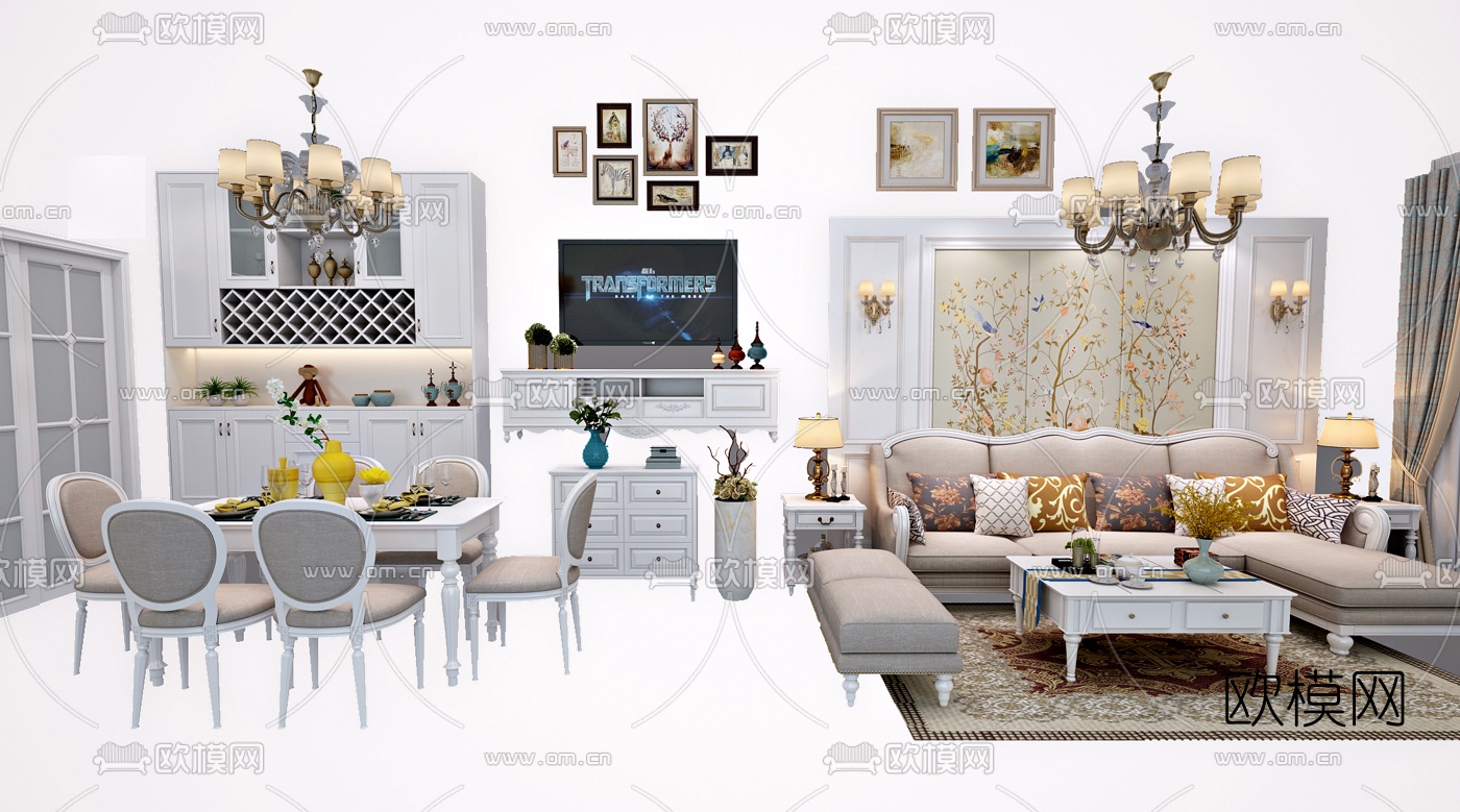 简欧转角沙发餐桌椅电视柜组合3d模型下载