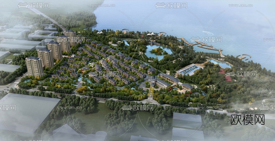 现代住宅小区鸟瞰规划3d模型下载