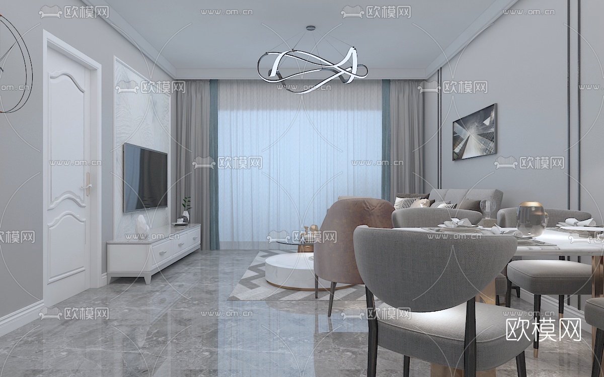 现代简约客厅餐厅免费3d模型