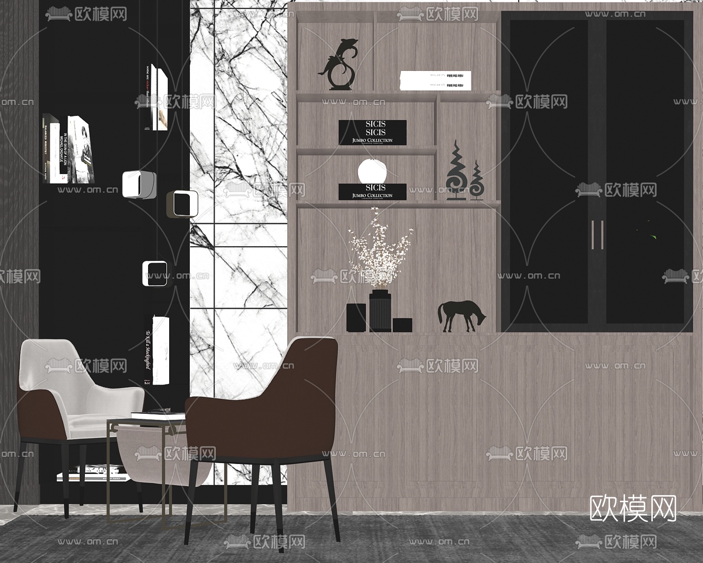 现代轻奢书柜su模型下载（渲染图2）