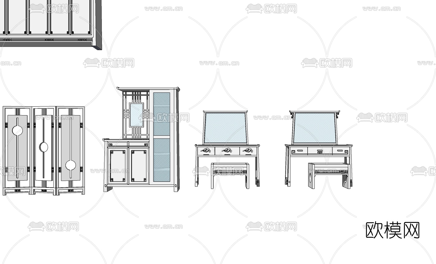 中式梳妆台衣柜组合su模型下载（渲染图6）