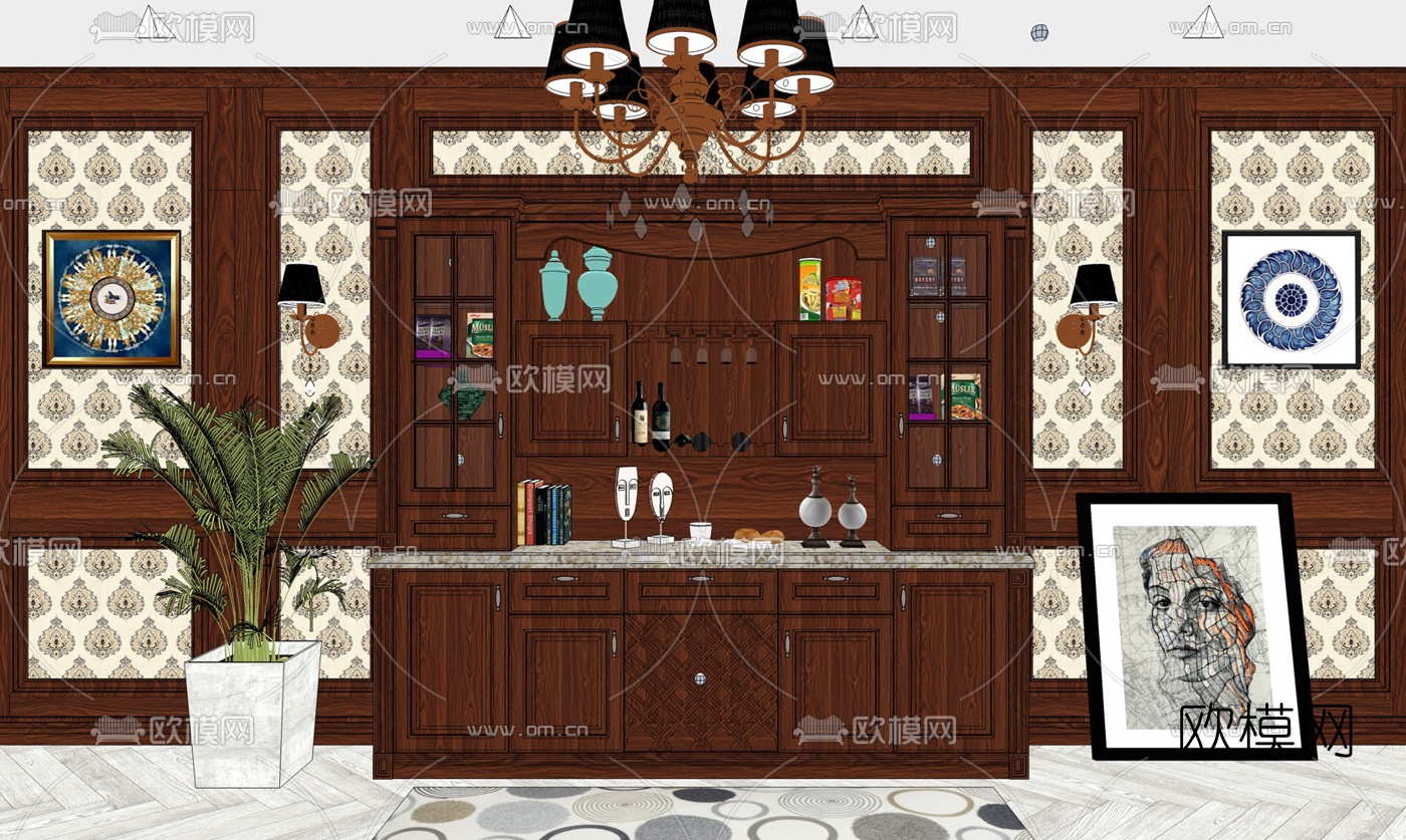 美式酒柜su模型下载