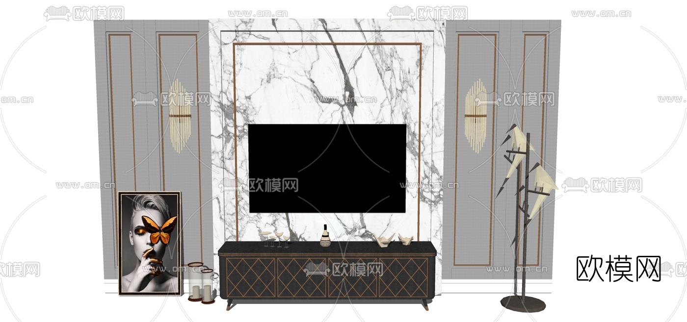 后现代实木电视柜组合su模型下载（渲染图1）