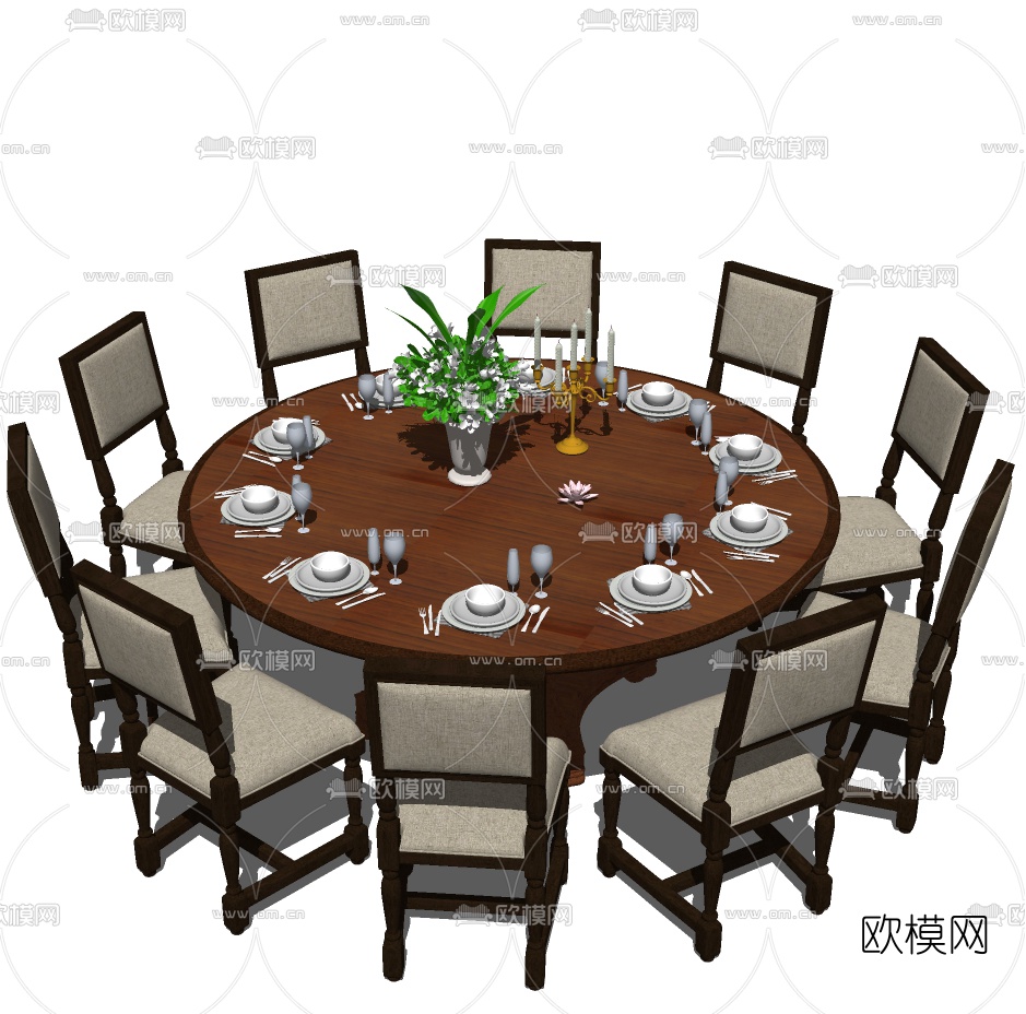 美式实木圆形餐桌椅免费su模型下载（渲染图2）