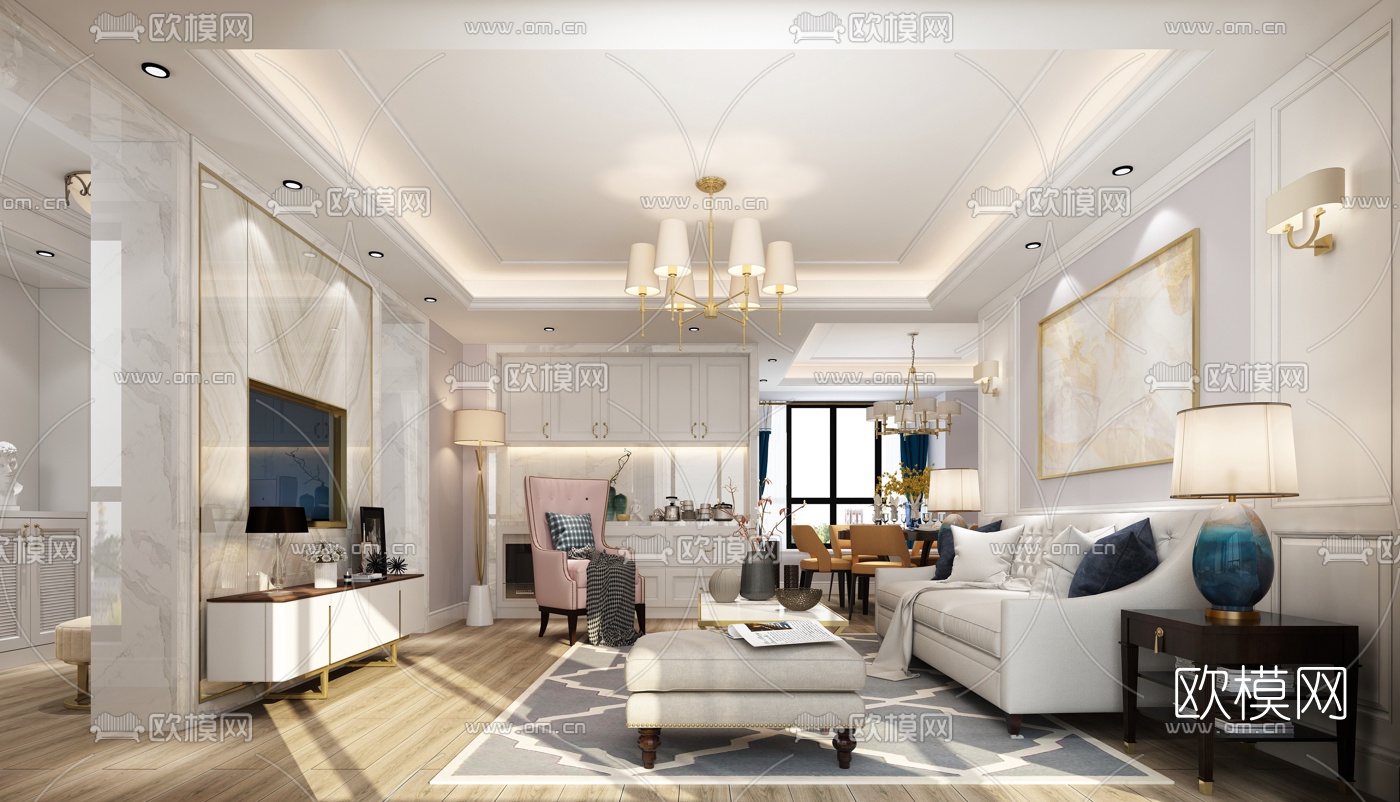 简欧客厅餐厅组合3D模型-免费3dmax模型库-欧模网
