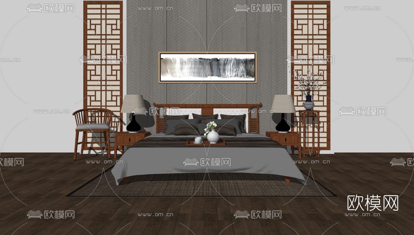 新中式双人床组合su模型下载（渲染图2）