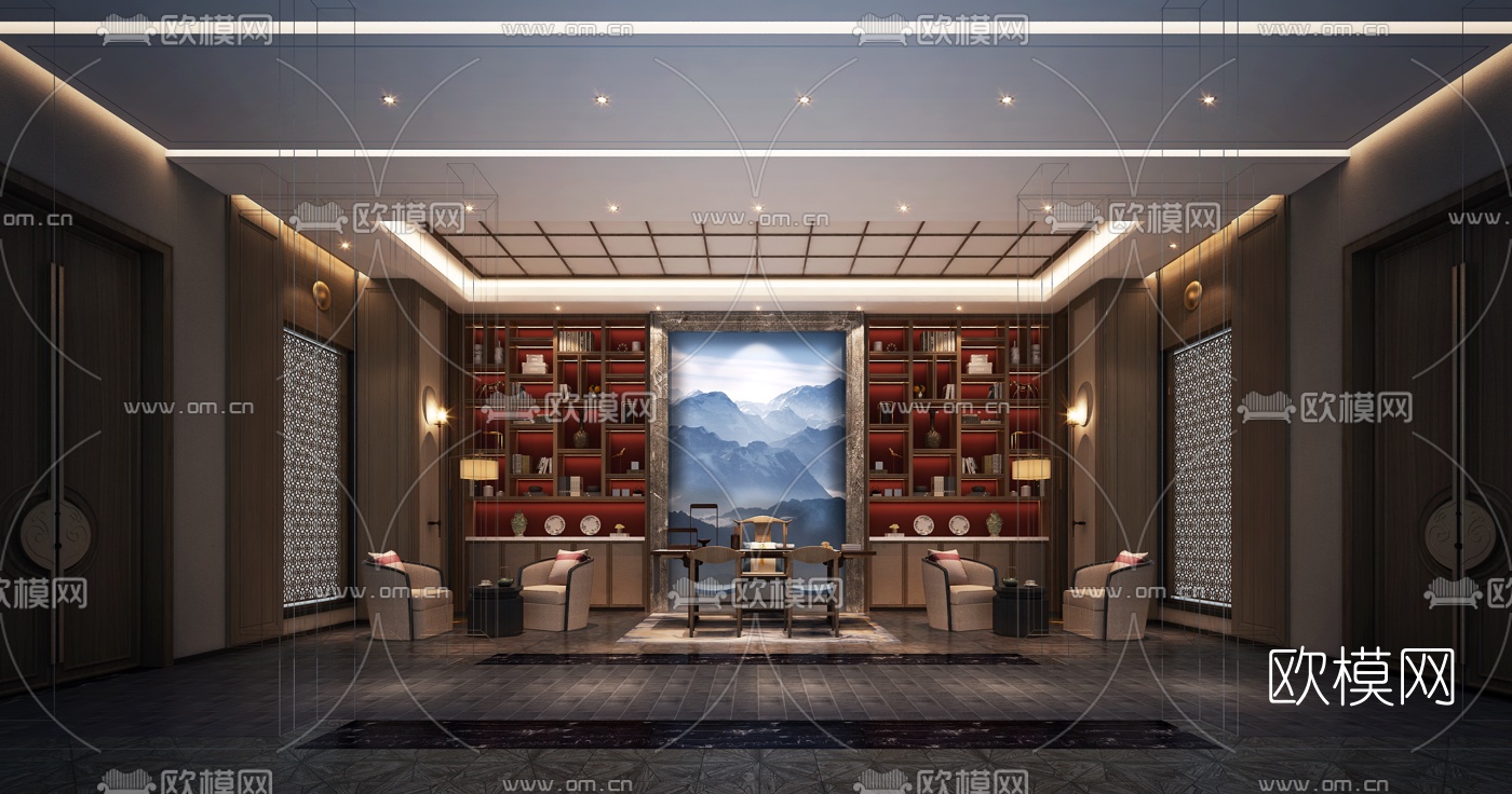 新中式会客室3d模型下载