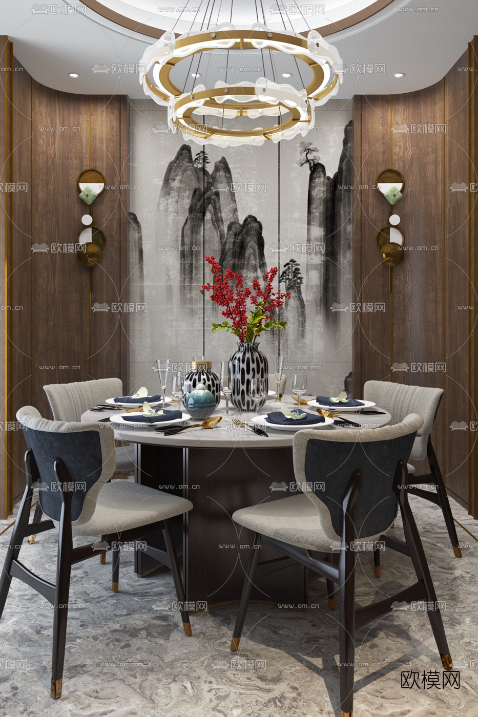 CCP杭州空间 新中式圆形餐桌椅3d模型下载（渲染图1）