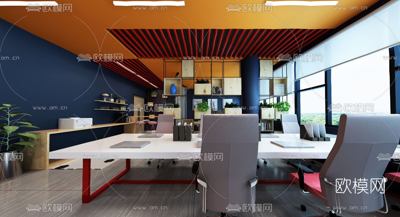 现代敞开式办公室全景3D模型-免费3dmax模型库-欧模网