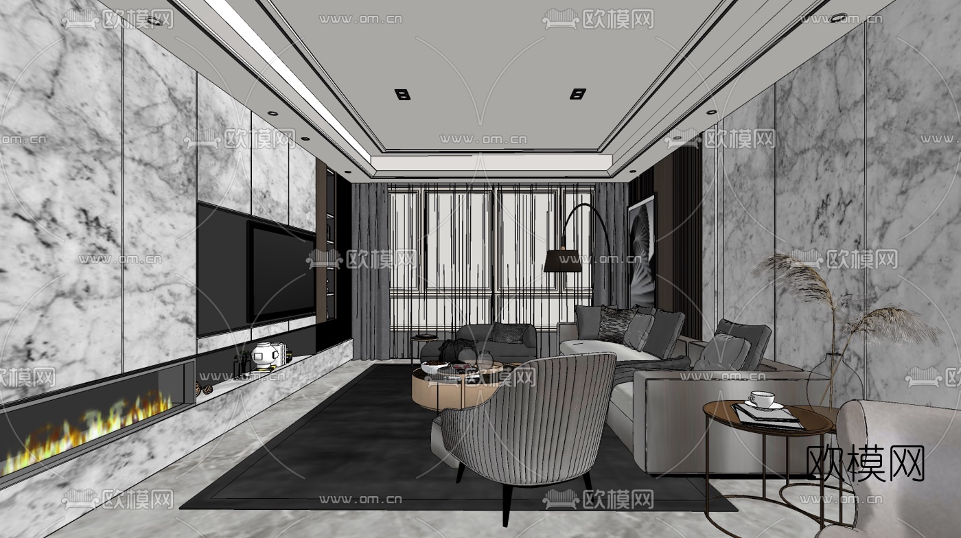 现代轻奢客餐厅su模型