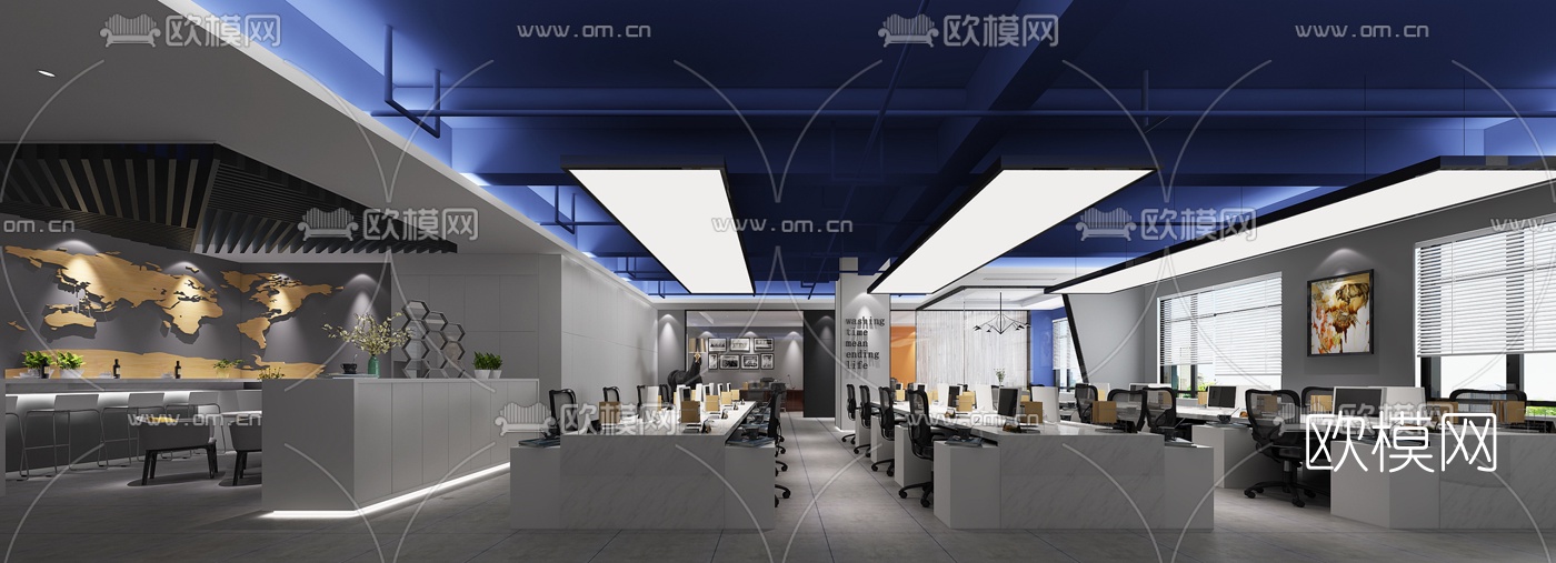 现代敞开式办公室3d模型-免费3dmax模型库-欧模网