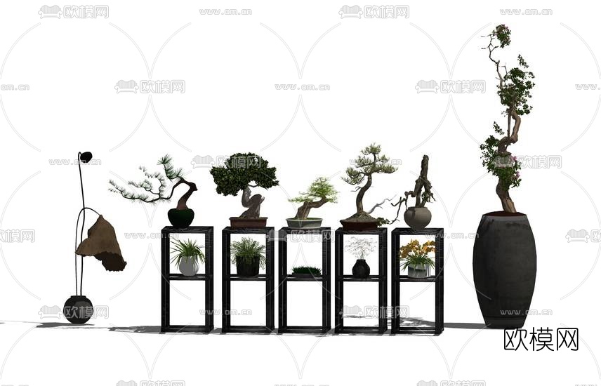 中式盆栽花架组合su模型下载