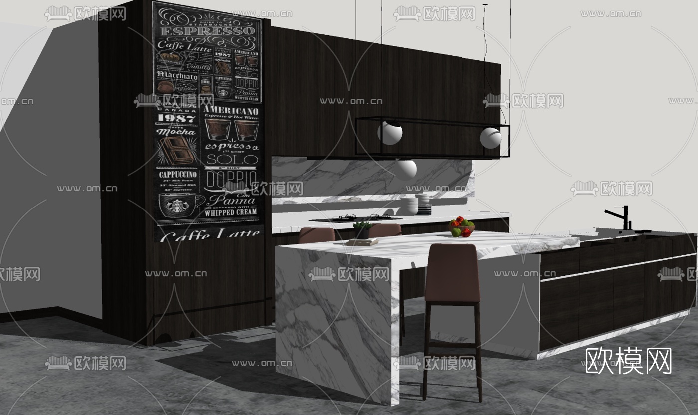 现代橱柜组合免费su模型下载（渲染图3）