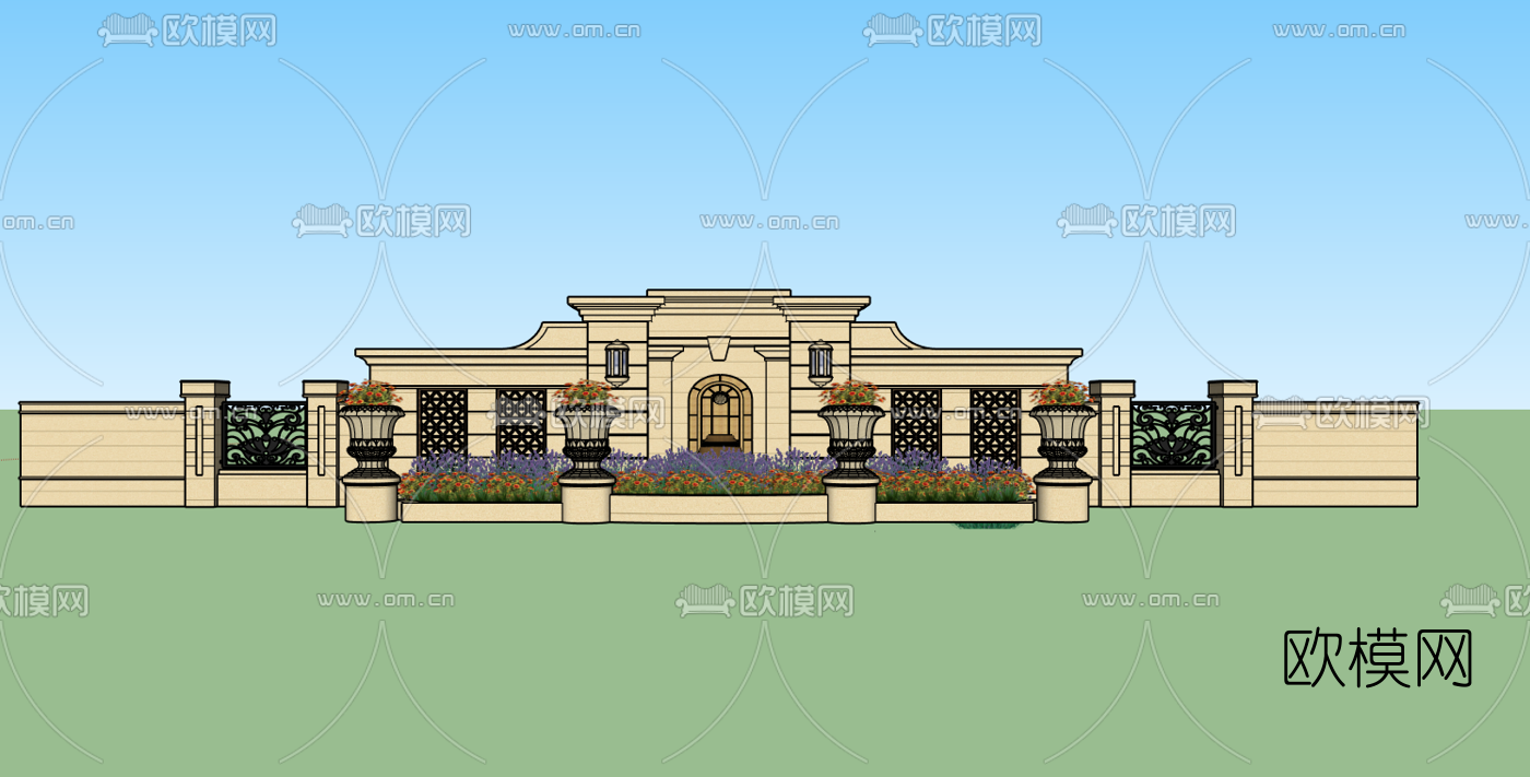 欧式景观墙花坛su模型下载（渲染图1）