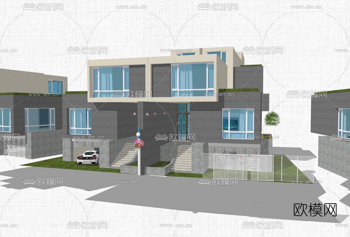 现代独栋别墅外观su模型下载（渲染图2）