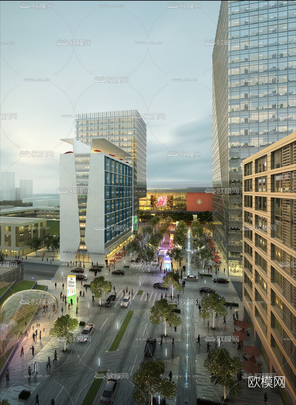 现代城市街道建筑外观3d模型