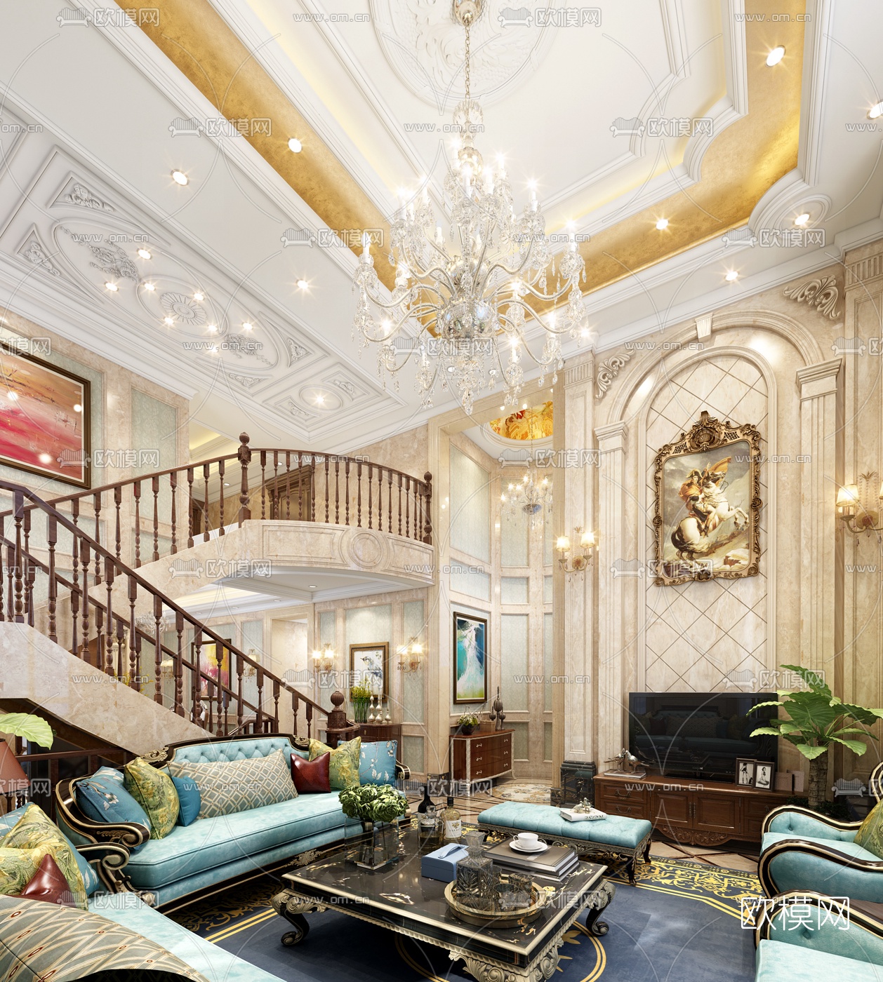 欧式别墅客厅餐厅3D模型下载（渲染图2）