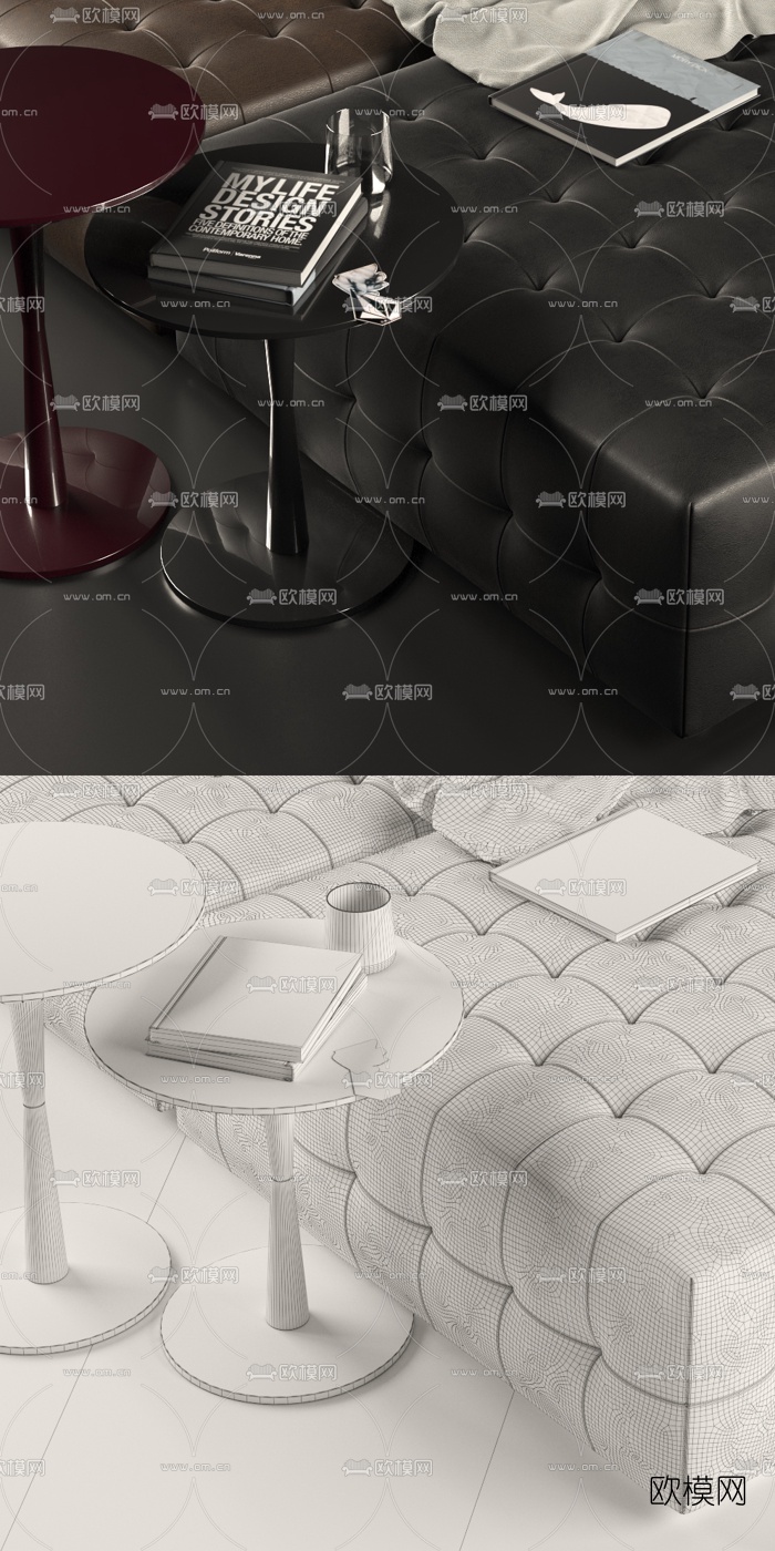 现代方形皮革凳子圆几组合3D模型下载（渲染图2）