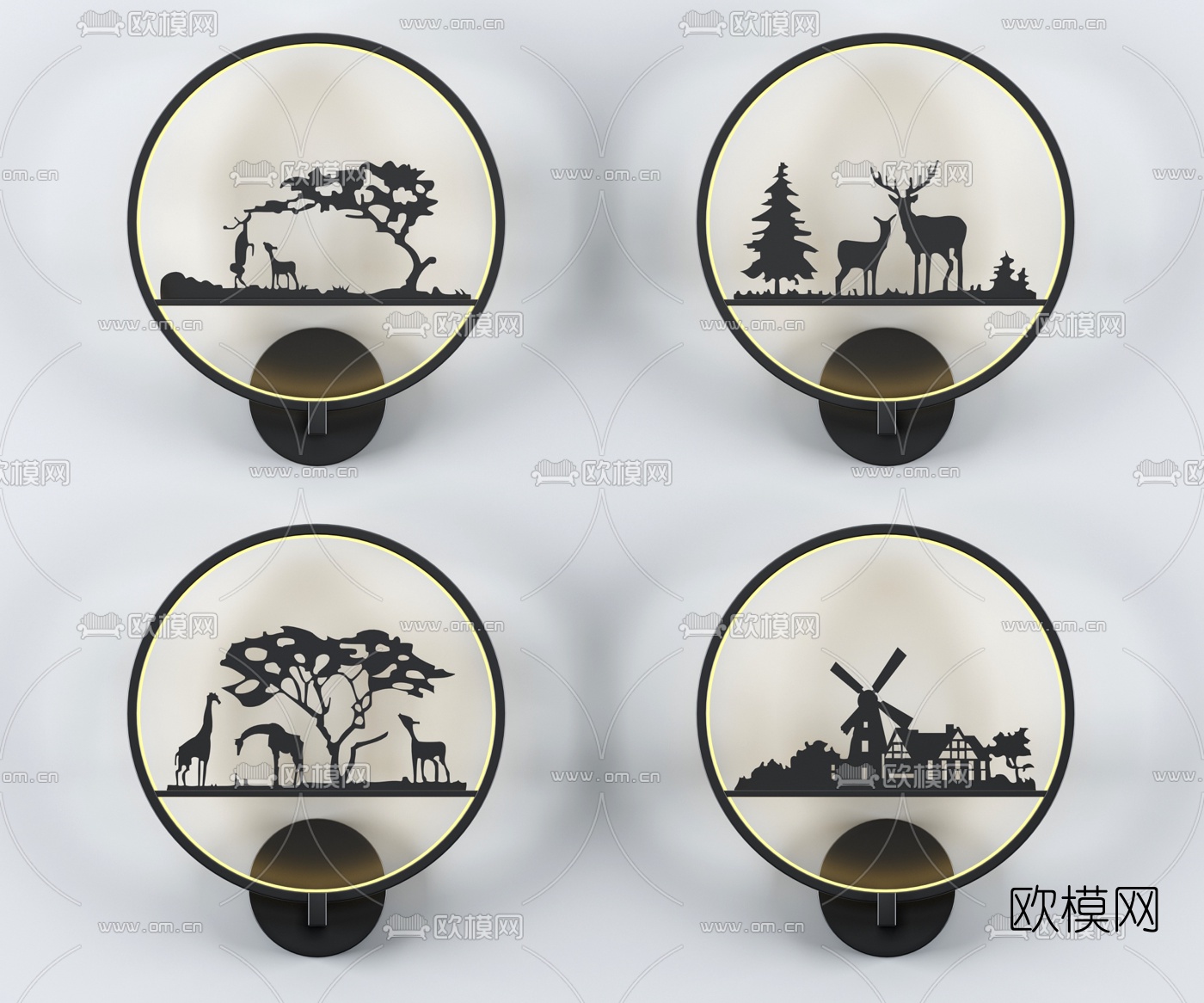 北欧圆形剪影壁灯3d模型下载
