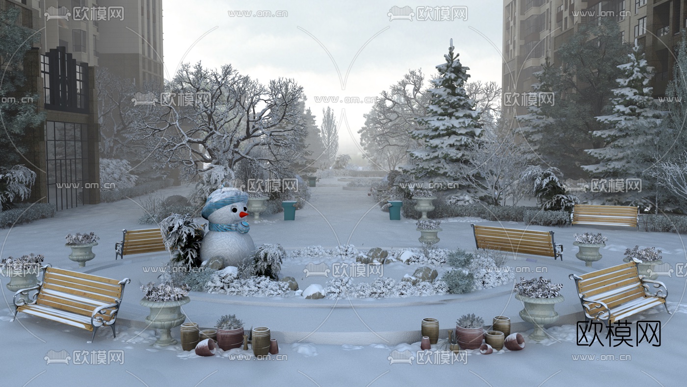 现代小区园林雪景3d模型下载