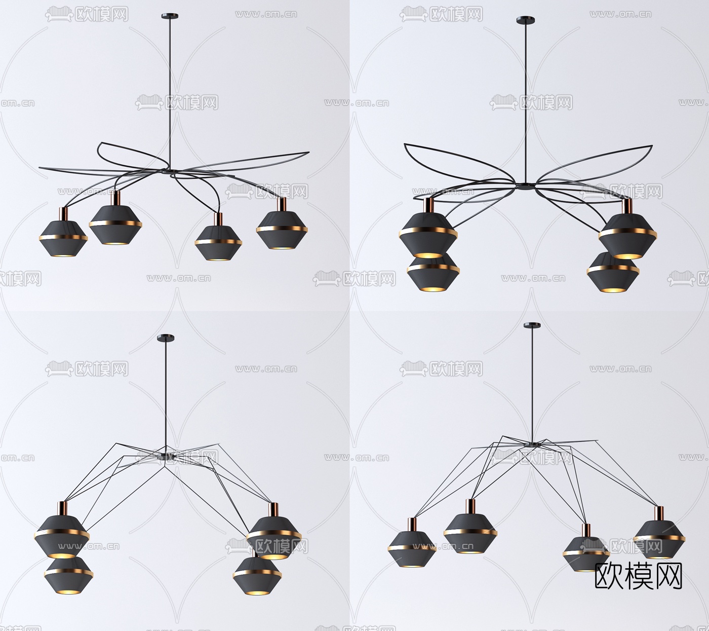 工业风多头吊灯组合3d模型