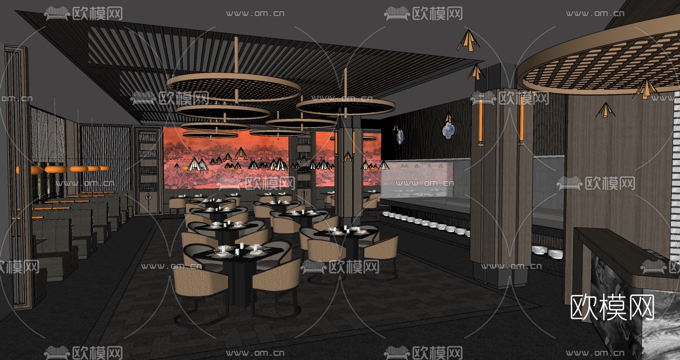 新中式餐厅su模型下载（渲染图3）
