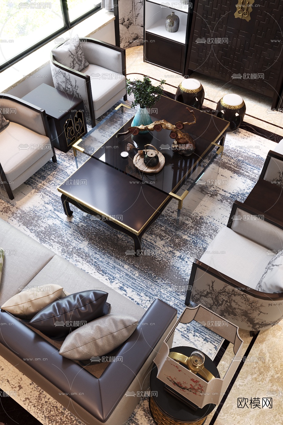 伊派设计中式别墅客厅3D模型下载（渲染图4）