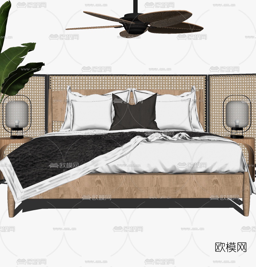 北欧实木双人床组合su模型下载（渲染图2）