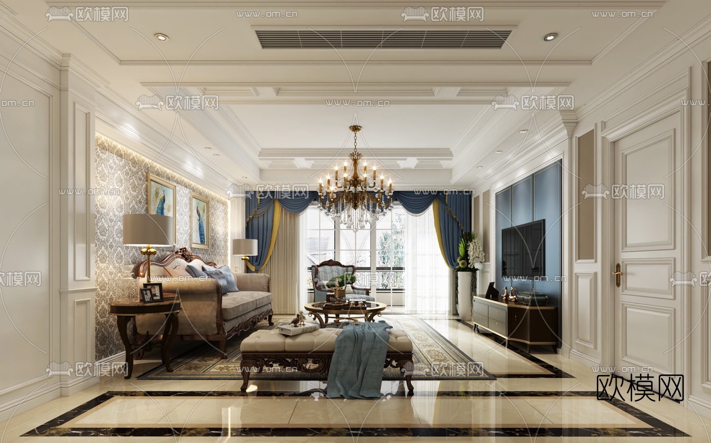 简欧客厅餐厅3D模型下载（渲染图1）