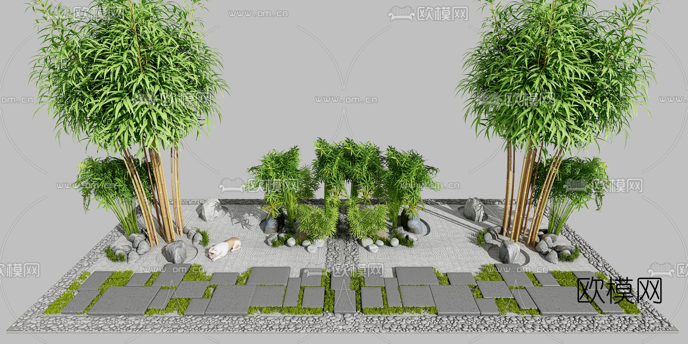 新中式竹子石头景观3d模型