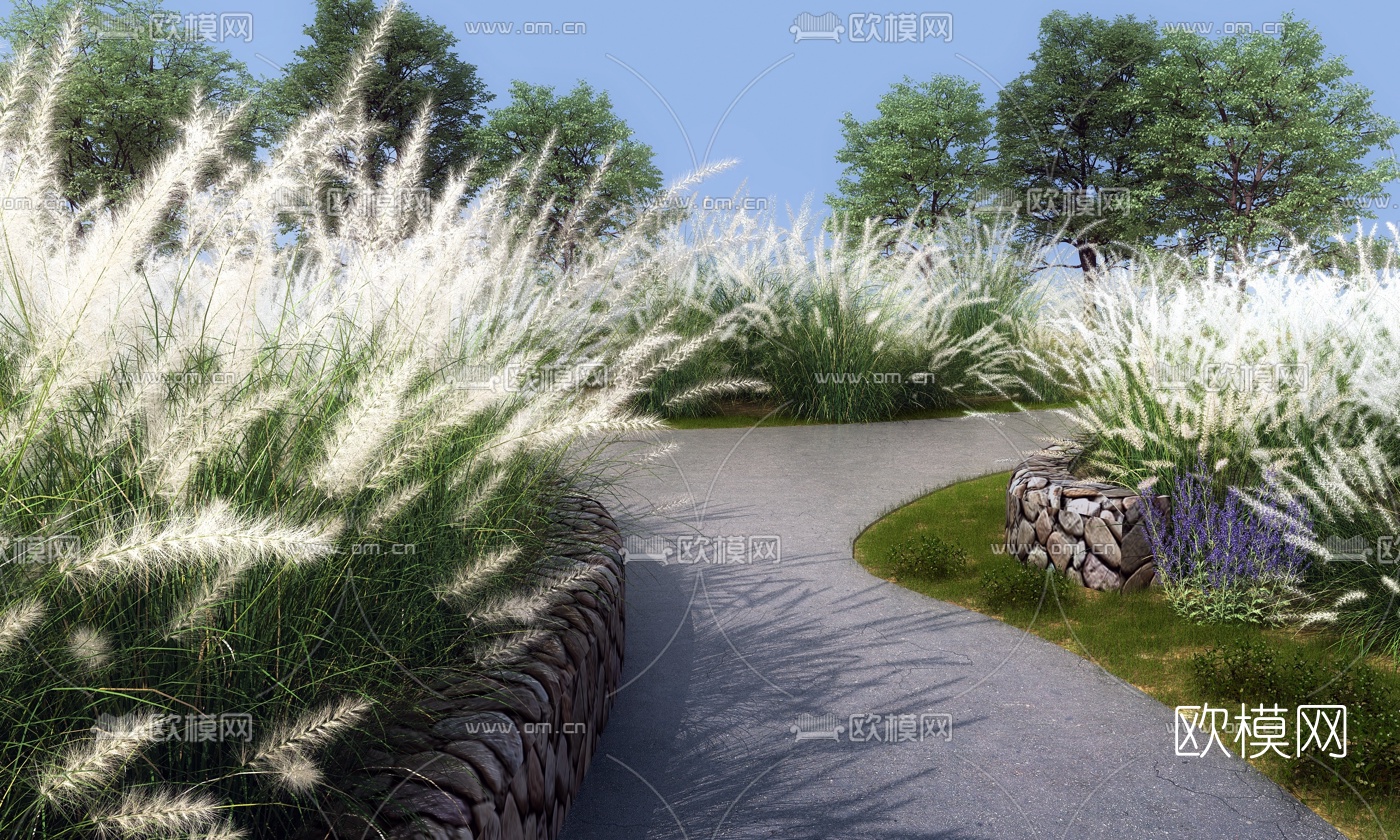 现代茅草道路景观3d模型