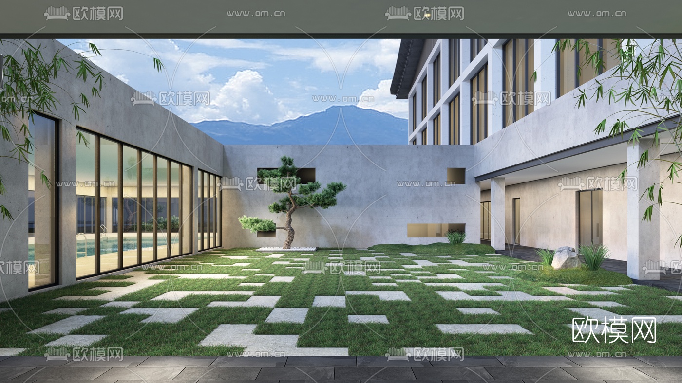 新中式酒店园林景观3d模型