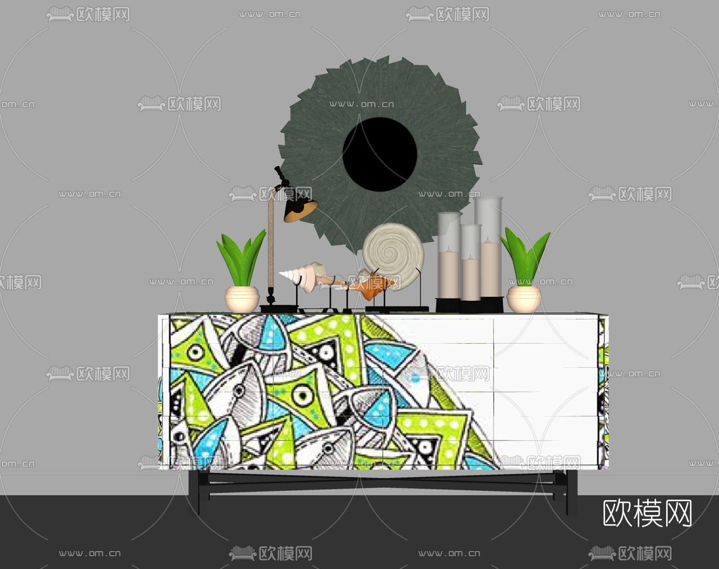 现代边柜组合su模型下载（渲染图1）