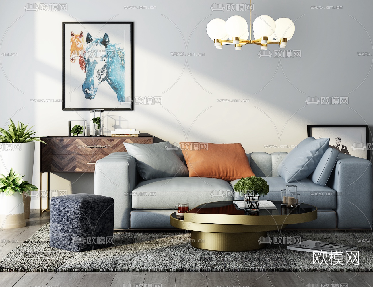 现代皮革双人沙发茶几边柜吊灯组合3D模型下载