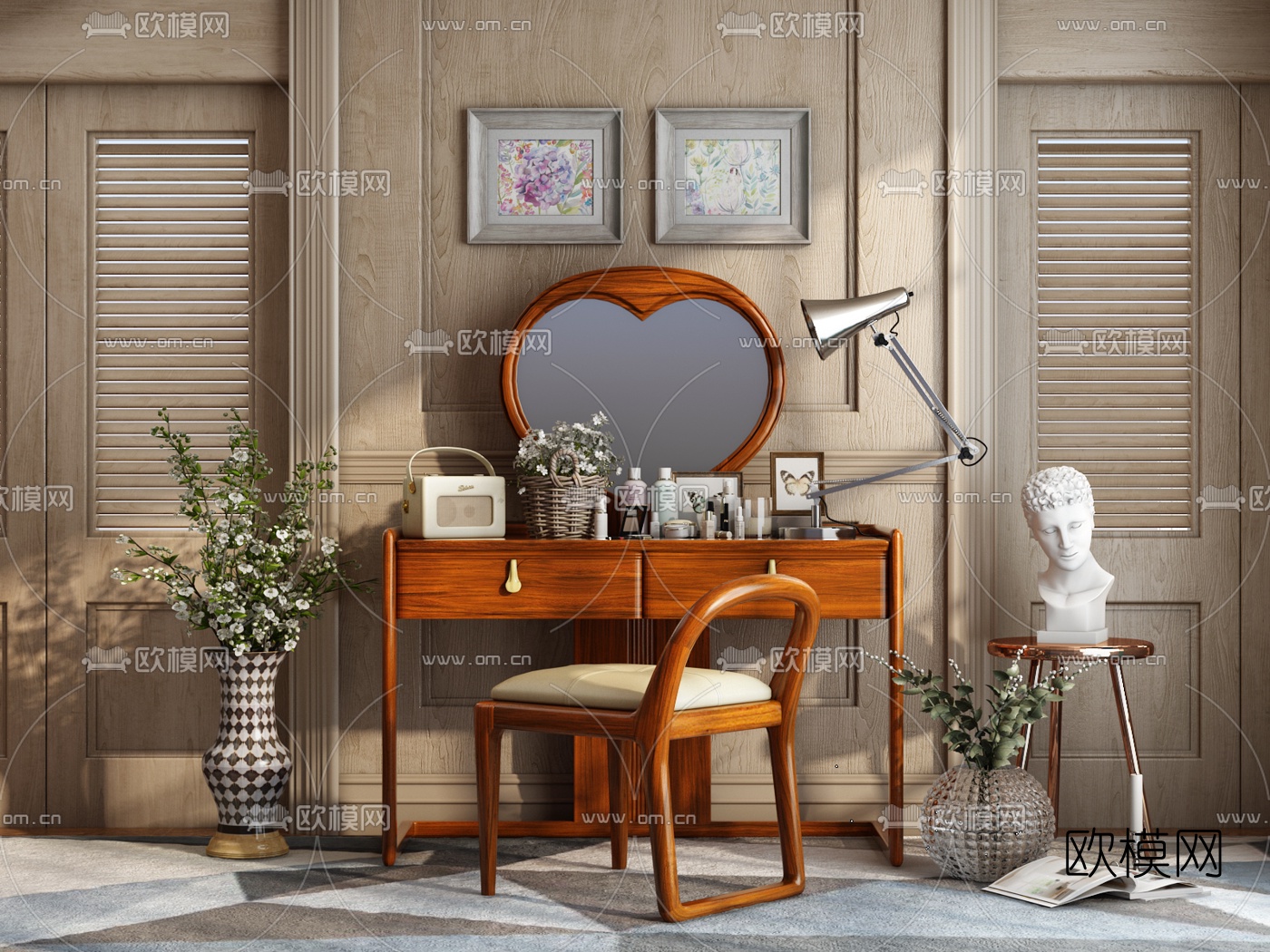 美式实木梳妆台3d模型下载（渲染图1）