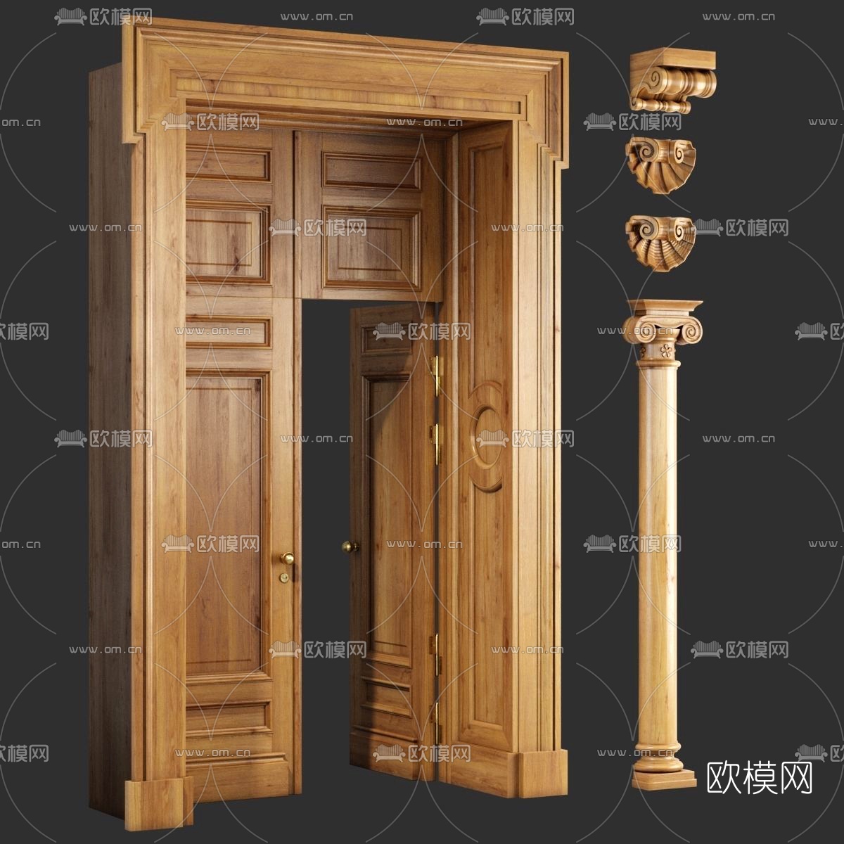 欧式古典原木双开门罗马柱3d模型下载（渲染图1）