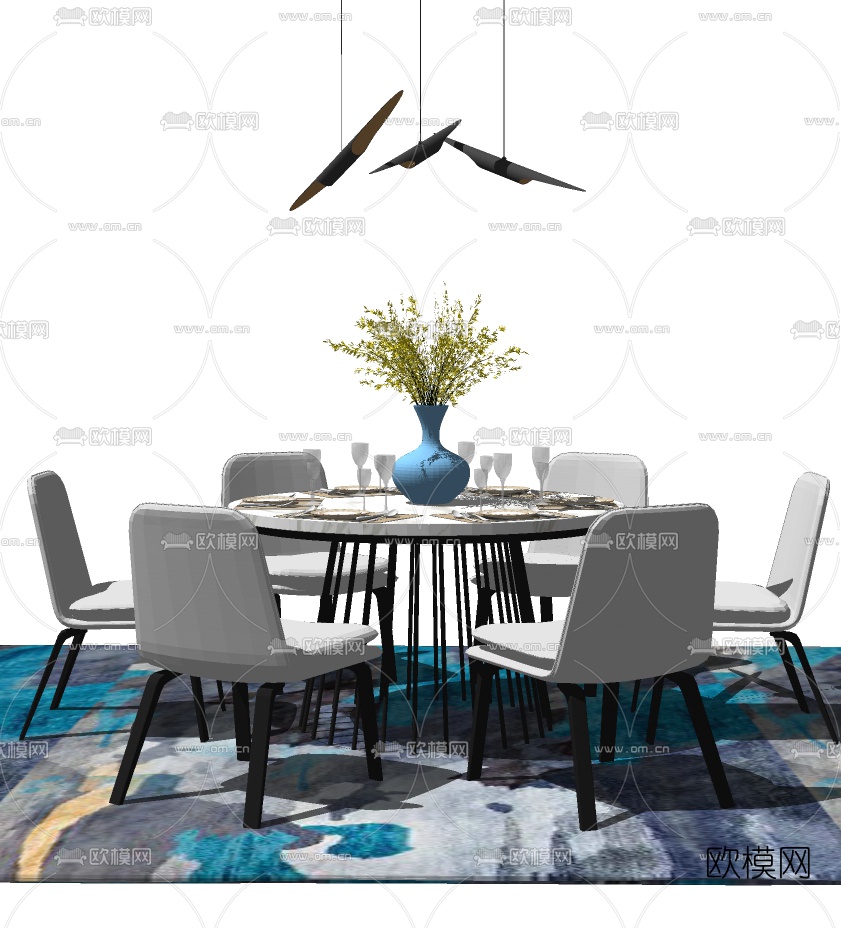 北欧餐桌椅组合su模型下载（渲染图3）