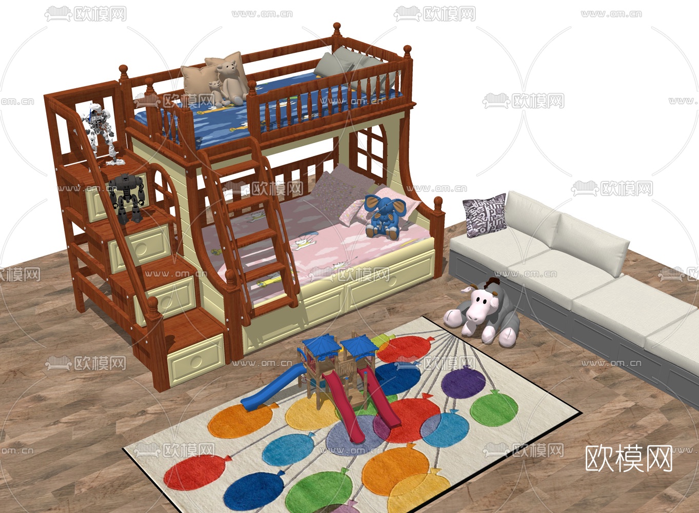 欧式儿童高低床su模型下载（渲染图2）