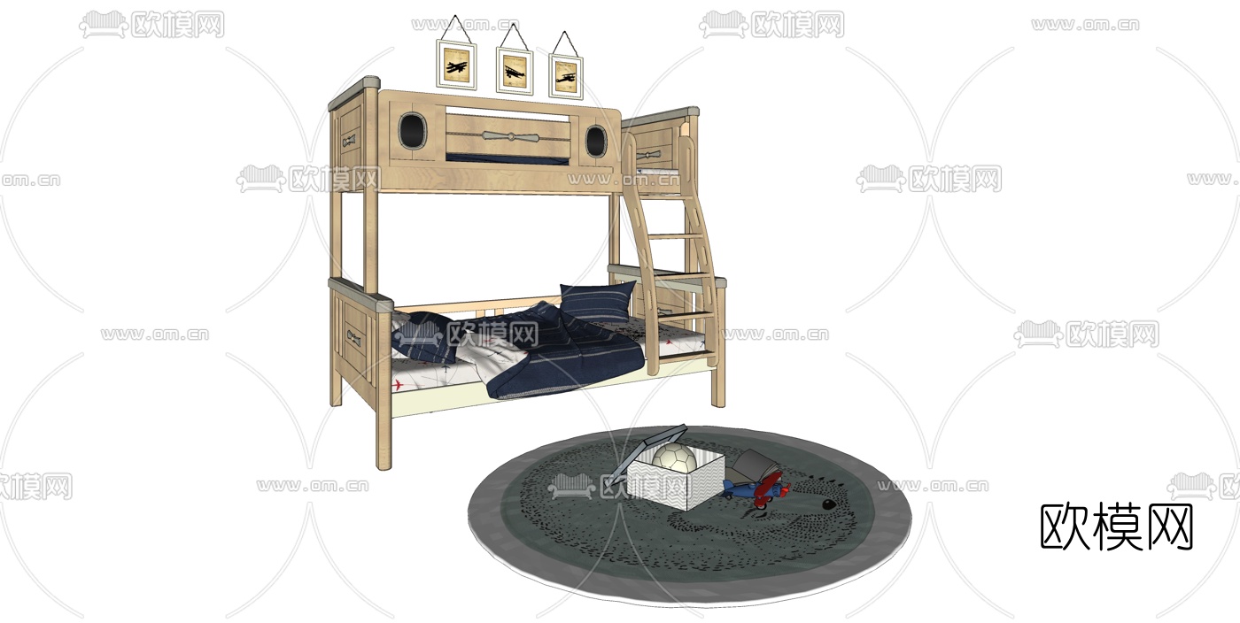 北欧实木儿童高低床su模型下载（渲染图1）