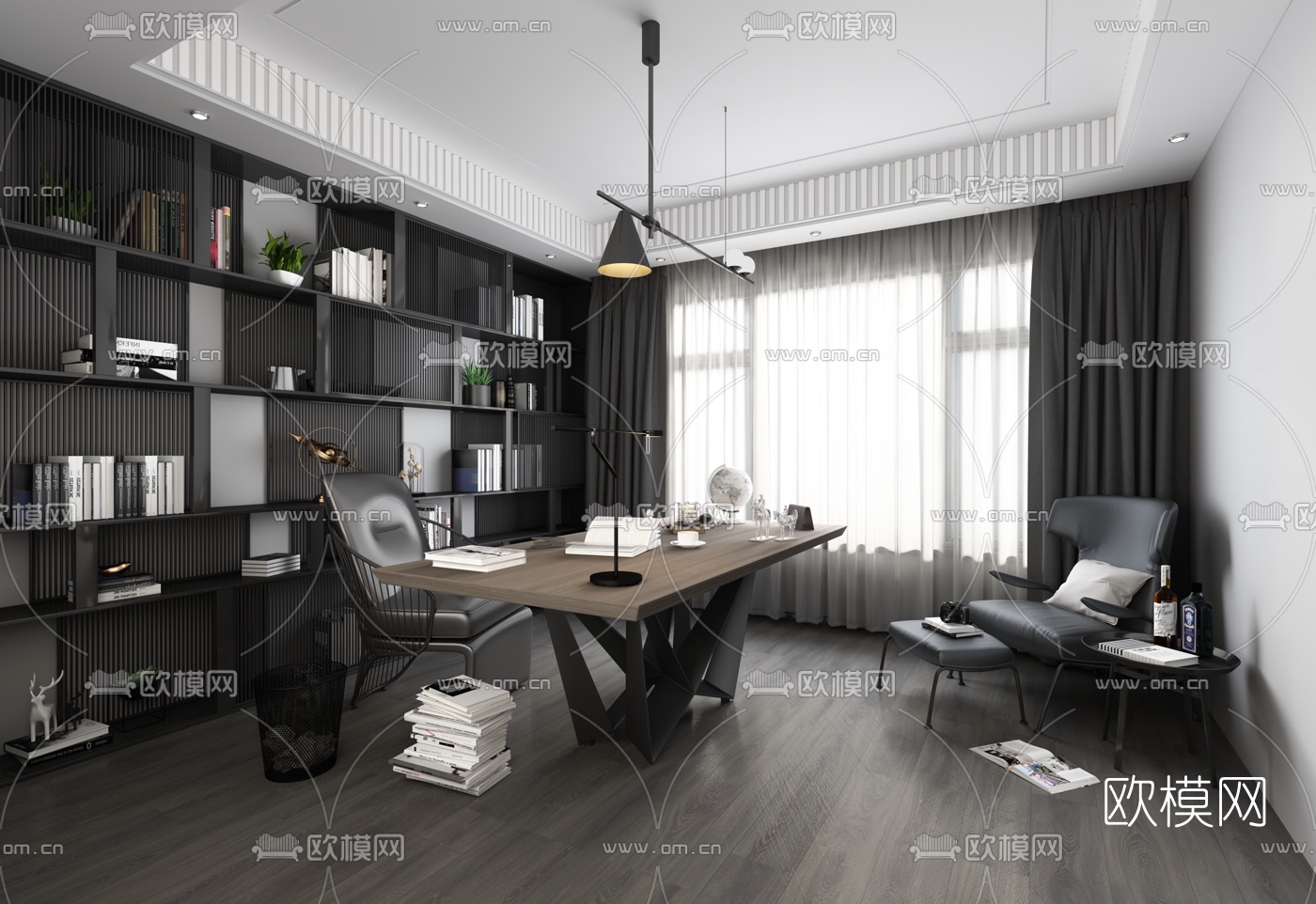 暗黑风 书房3d模型下载