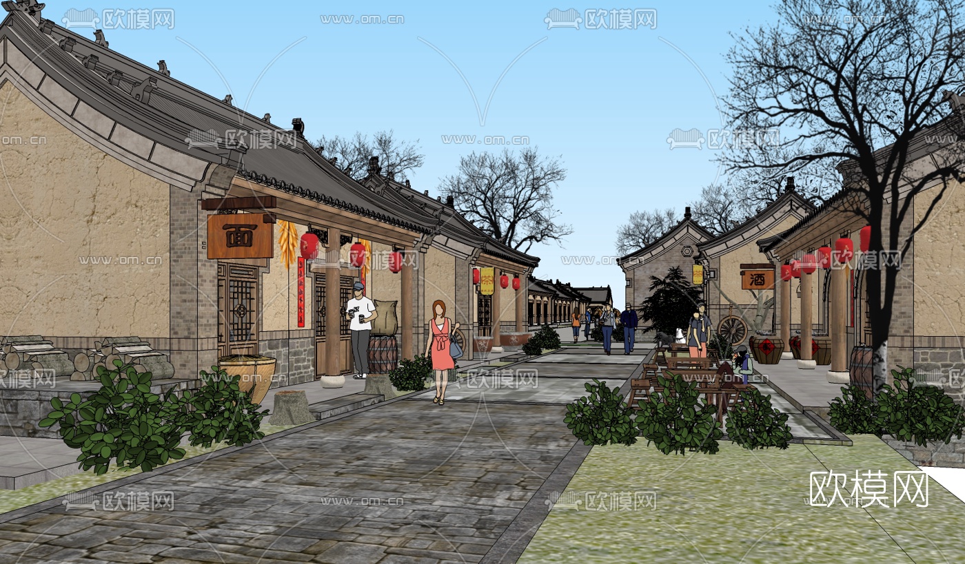 中式民俗古街道su模型下载（渲染图2）