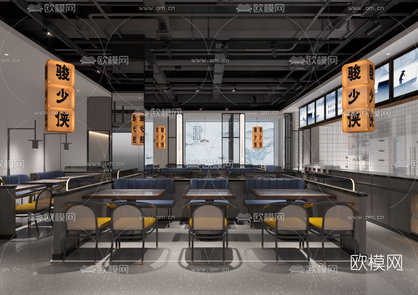 现代武侠主题餐厅3d模型