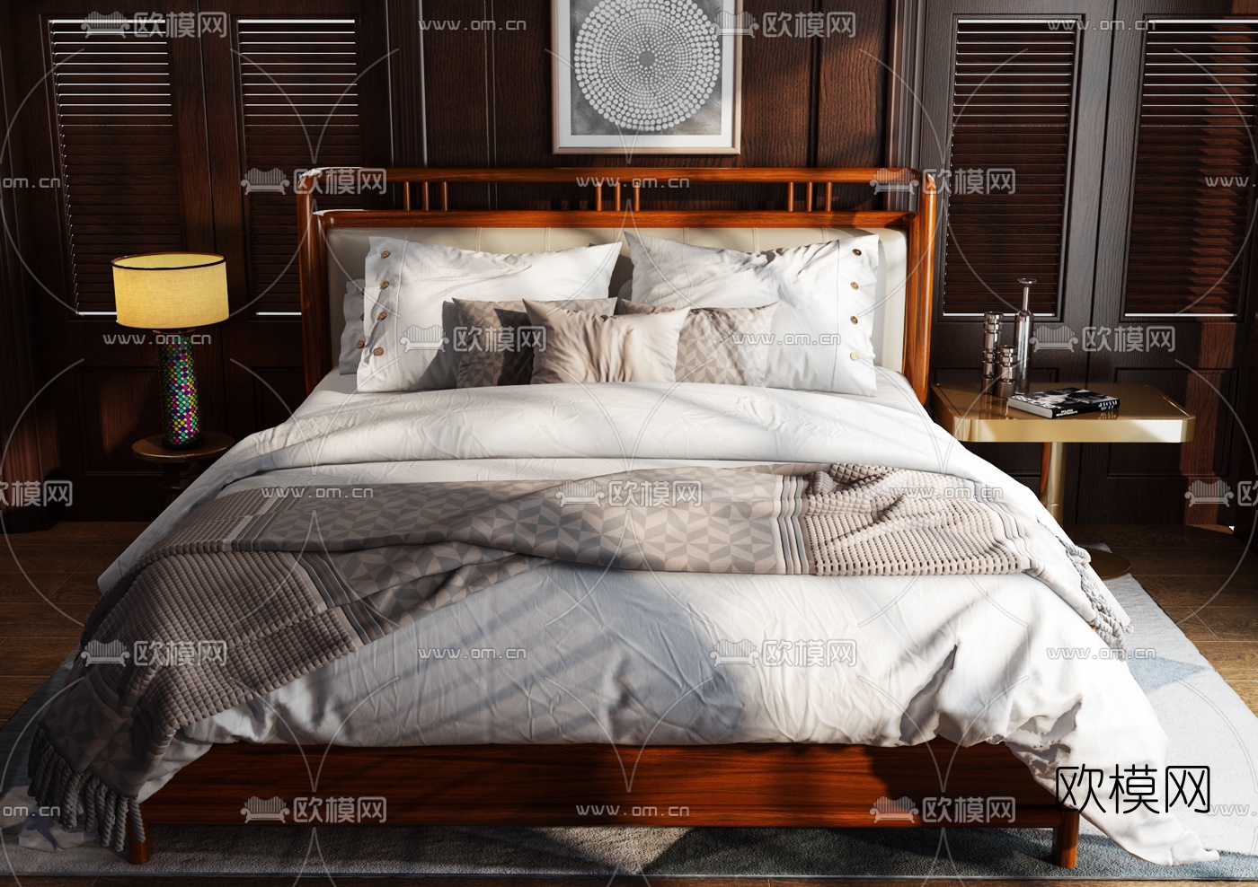 美式实木双人床3d模型下载（渲染图1）