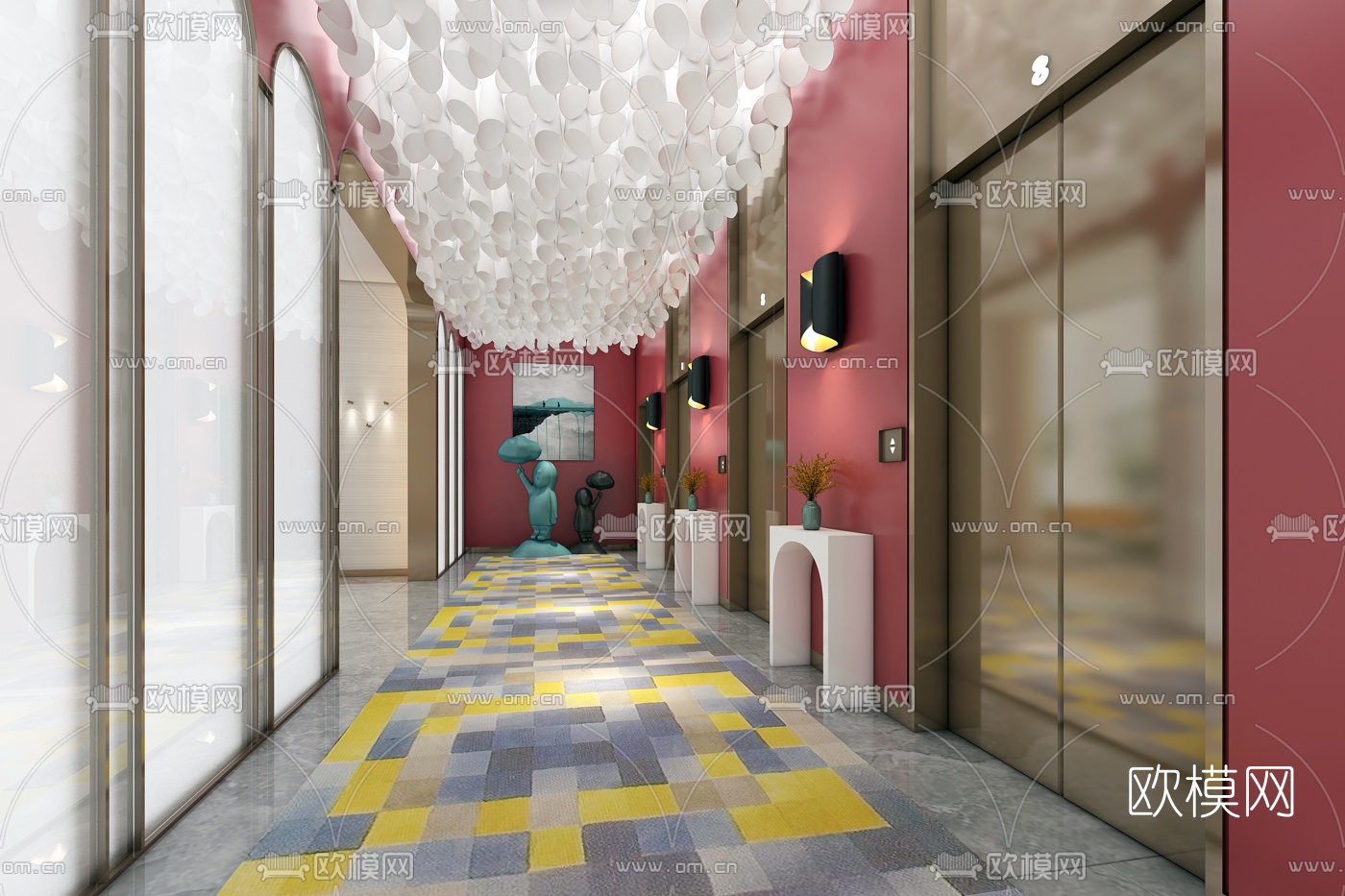 后现代简约酒店电梯厅3d模型
