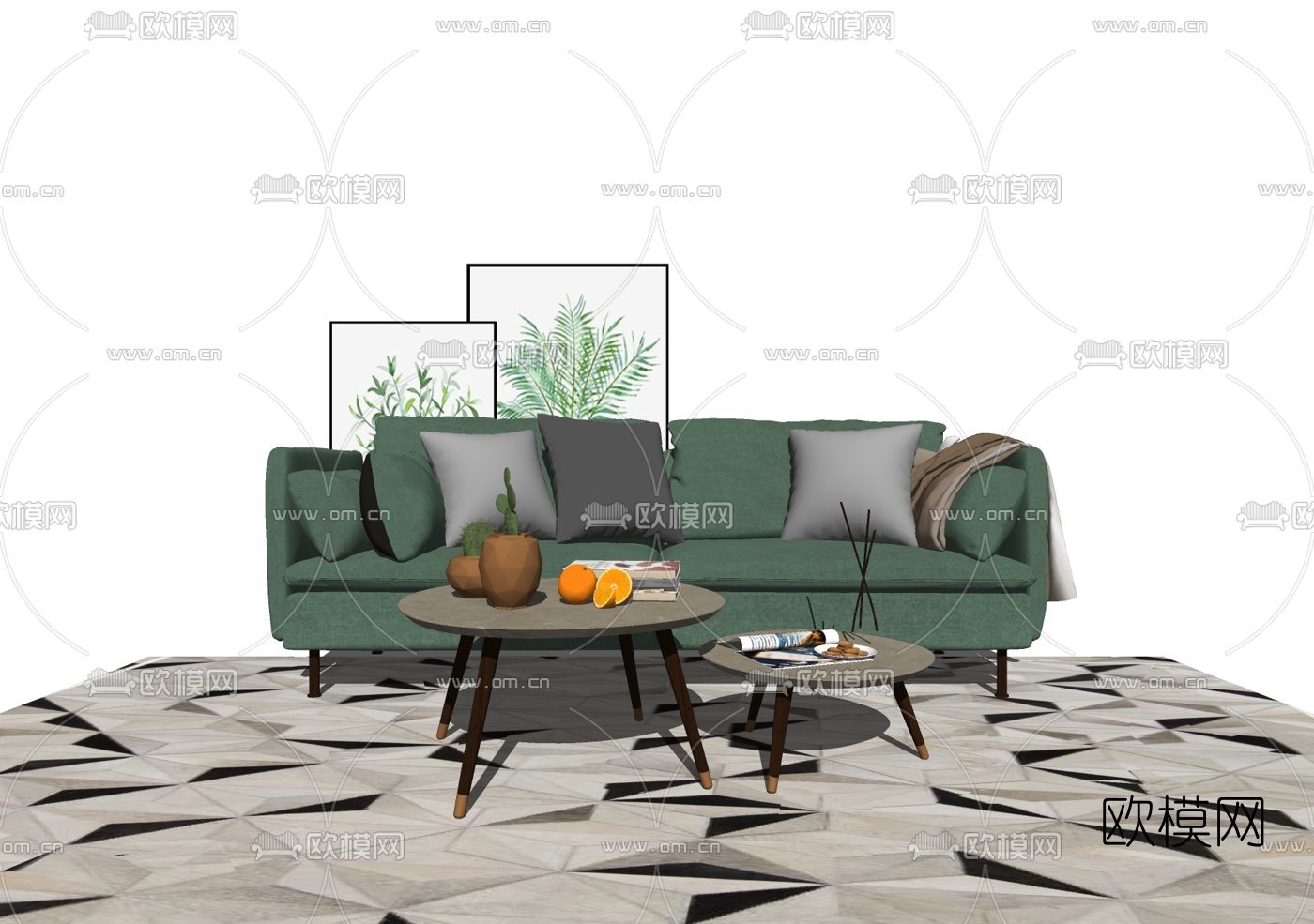 北欧布艺双人沙发su模型下载（渲染图2）