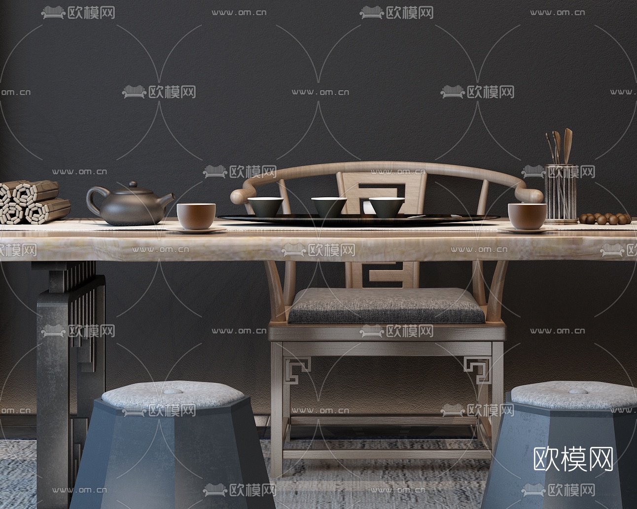 新中式实木泡茶桌椅3D模型